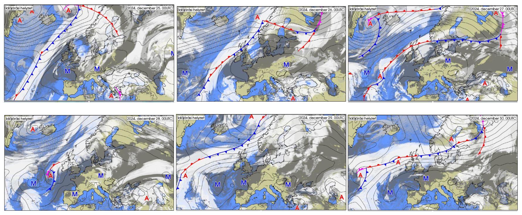 1. ábra: Szinoptikus helyzet Európában 2024. december 25. és 30. között (forrás HungaroMet)